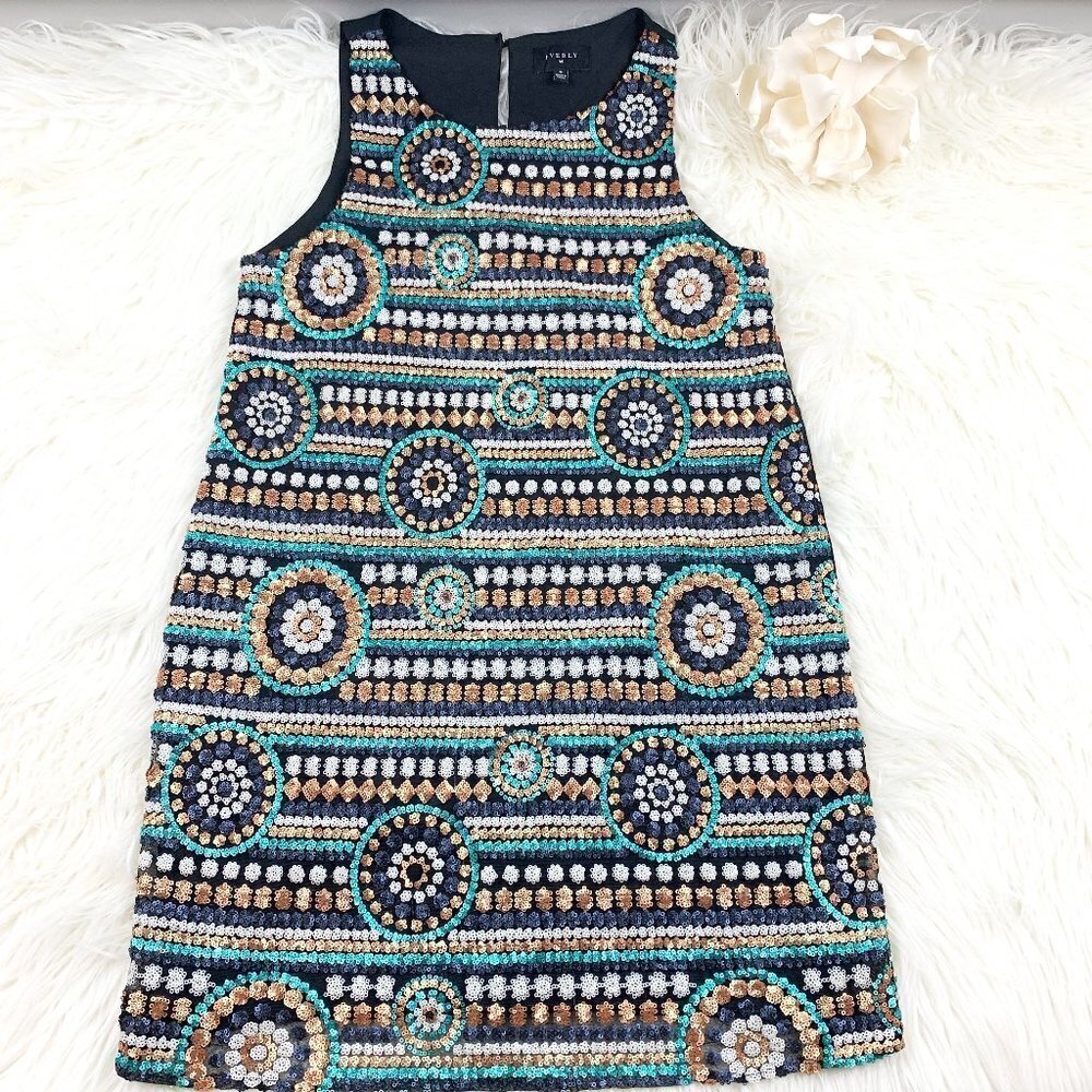 Everly Boho Sequin Embellished Mini Sleeveless Shift Dress Women's Size Medium